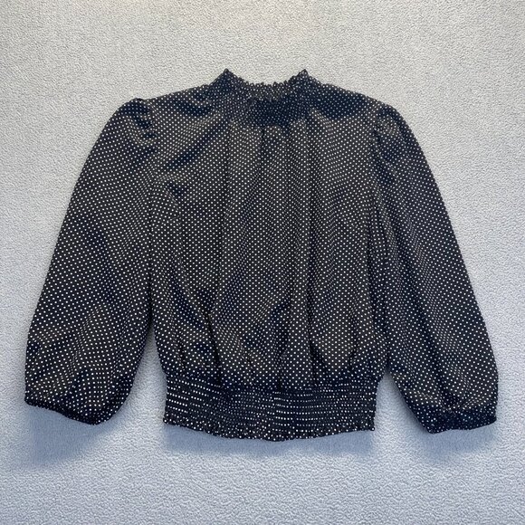 Monteau Los Angeles Teens XL Black White Polka Dot Hi Neck Smocked Waist Top - Picture 10 of 10